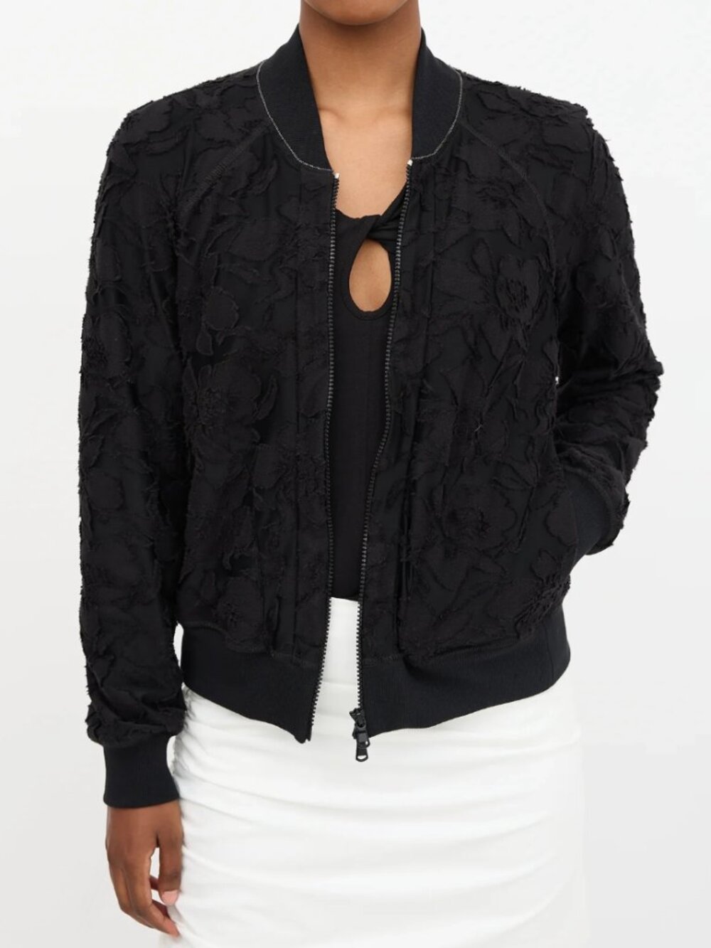 Brunello Cucinelli Fil Coupe Zip-front Bomber Jacket In Black, size Large (fits